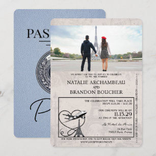 Invitation Dusty Blue Paris Passport Mariage