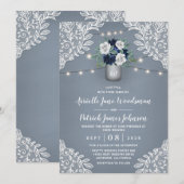 Invitation Dusty Blue Pays Blanche dentelle Mason Jar Mariage (Devant / Derrière)