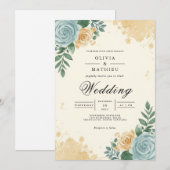 Invitation Dusty Blue & Peach Blossom Mariage (Devant / Derrière)
