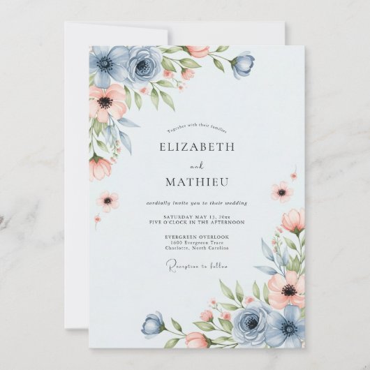 Invitation Dusty Blue Peach Breezy Spring Wedding (Devant)