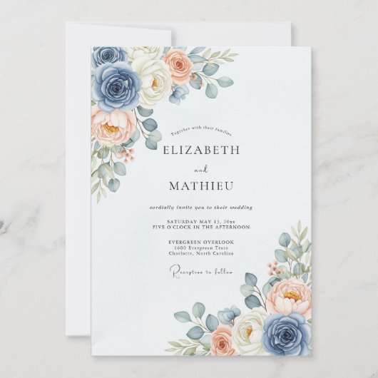 Invitation Dusty Blue Peach Delicate Spring Wedding (Devant)