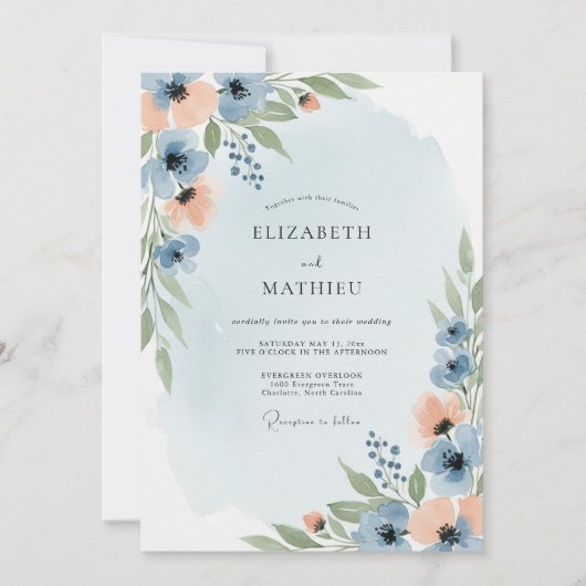 Invitation Dusty Blue Peach Dreamy Spring Wedding (Devant)