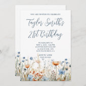 Invitation Dusty Blue Peach Fleurs sauvages 21e anniversaire (Devant / Derrière)