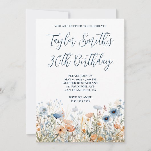 Invitation Dusty Blue Peach Fleurs sauvages 30e anniversaire (Devant)