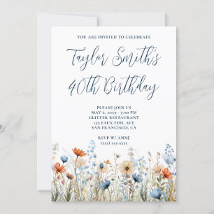 Invitation Dusty Blue Peach Fleurs sauvages 40e anniversaire