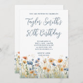 Invitation Dusty Blue Peach Fleurs sauvages 50e anniversaire (Devant / Derrière)