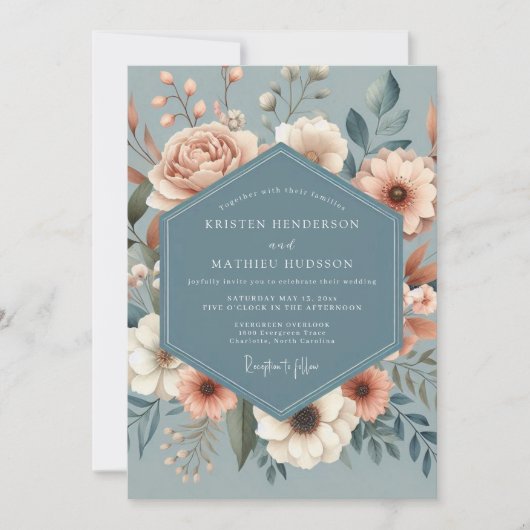 Invitation Dusty Blue Peach Flora Wedding (Devant)