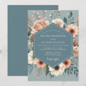 Invitation Dusty Blue Peach Flora Wedding (Devant / Derrière)