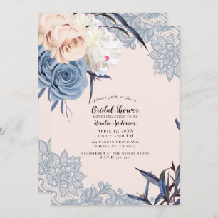Invitation Dusty Blue & Peach Floral Lace Fête des mariées
