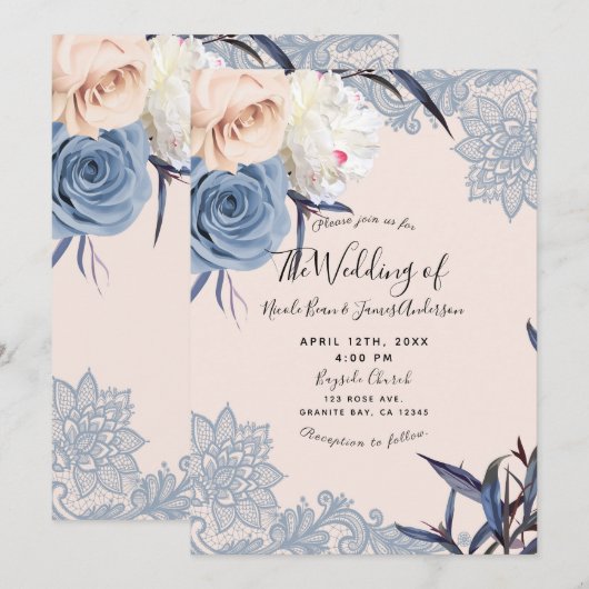 Invitation Dusty Blue & Peach Floral Lace Mariage (Devant / Derrière)