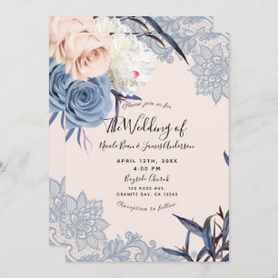 Invitation Dusty Blue & Peach Floral Lace Mariage