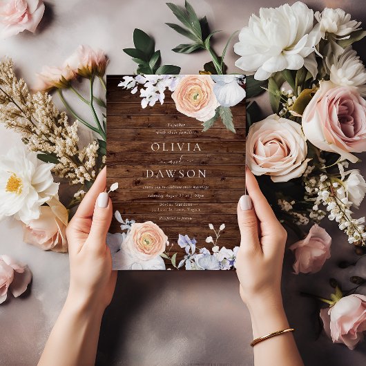 Invitation Dusty Blue & Peach Rustic Wood Mariage