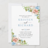 Invitation Dusty Blue Pêche Floral Mariage (Devant)