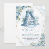 Invitation Dusty blue peonies baby crib gold frame boy (Devant / Derrière)