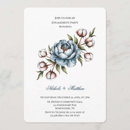 Invitation Dusty Blue Peony and Cotton Engagement Party (Devant)