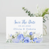 Invitation Dusty Blue Peony Blossom Chic Enregistrer La Date (Debout devant)