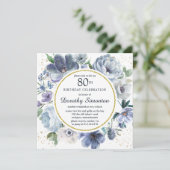 Invitation Dusty Blue Peony Floral 80e fête d'anniversaire (Debout devant)