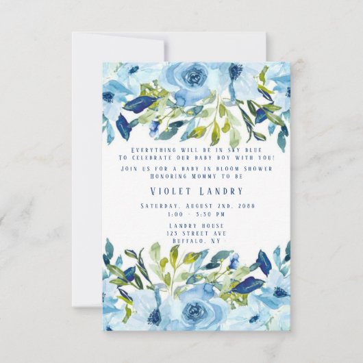 Invitation Dusty Blue Peony Florals Garçon Baby Dans Douche F (Devant)