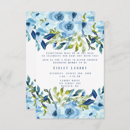 Invitation Dusty Blue Peony Florals Garçon Baby Dans Douche F (Devant / Derrière)