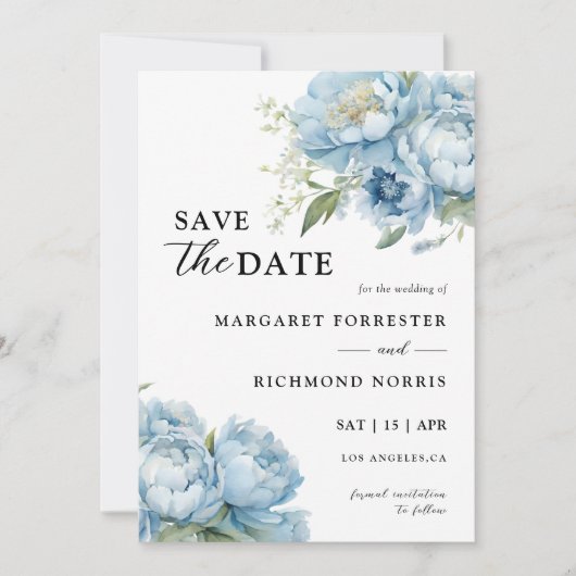 Invitation Dusty Blue Peony Mariage Élégant Enregistrer La Da (Devant)
