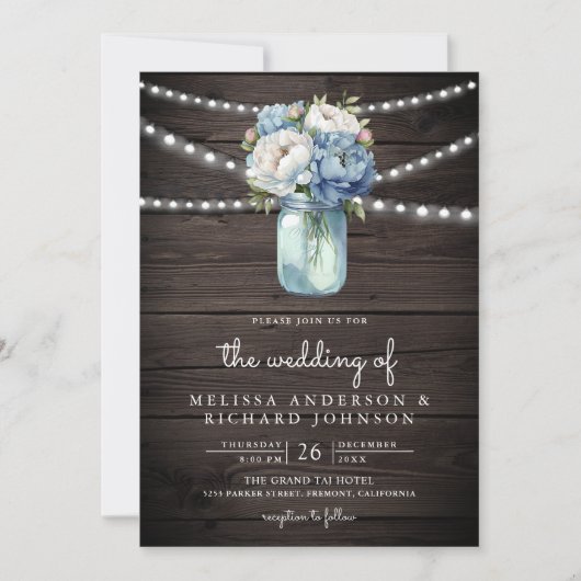 Invitation Dusty Blue Peony Mason Jar QR Code Mariage en bois (Devant)