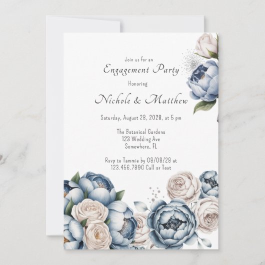 Invitation Dusty Blue Peony Rose et Parties scintillant (Devant)