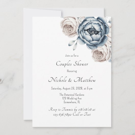 Invitation Dusty Blue Peony Rose et Parties scintillant Coupl (Devant)
