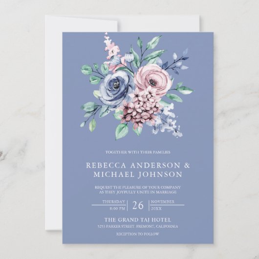 Invitation Dusty Blue Periwinkle rose Floral QR Code Mariage (Devant)