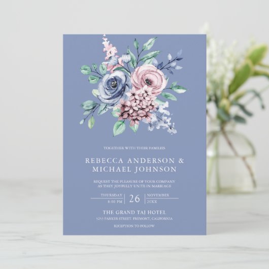 Invitation Dusty Blue Periwinkle rose Floral QR Code Mariage (Debout devant)