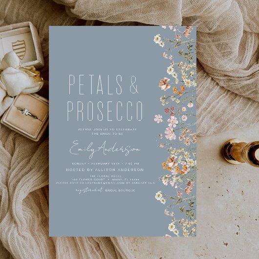 Invitation Dusty Blue Petals & Prosecco Fête des mariées