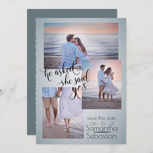 Invitation Dusty Blue Photo Elle dit Oui Enregistrer la date (Devant / Derrière)