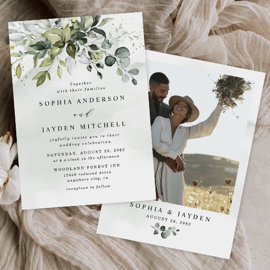 Invitation Dusty Blue Photo Greenery Airy Elegant Wedding