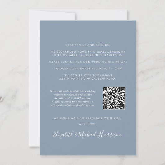 Invitation Dusty Blue Photo QR Code Mariage Réception (Dos)