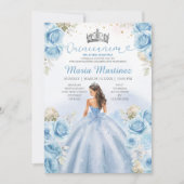 Invitation Dusty Blue Princess Floral Silver Quinceañera (Devant)