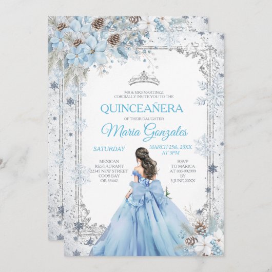 Invitation Dusty Blue Princess Floral Winter Snow Quinceañera (Devant / Derrière)