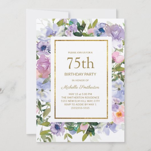 Invitation Dusty Blue Purple Floral Gold 75e anniversaire (Devant)