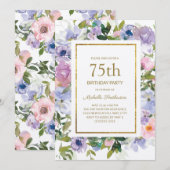 Invitation Dusty Blue Purple Floral Gold 75e anniversaire (Devant / Derrière)