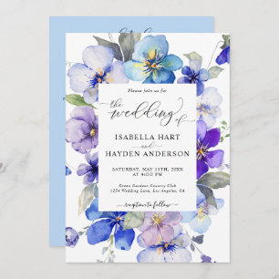 Invitation Dusty Blue Purple Floral Tout en 1 QR Code Mariage