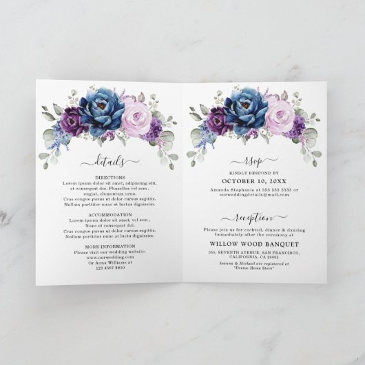 Invitation Dusty Blue Purple Navy Lilac Blooms Mariage (Intérieur)