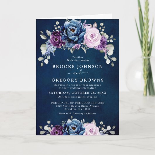 Invitation Dusty Blue Purple Navy Lilac Blooms Mariage Invita (Devant)