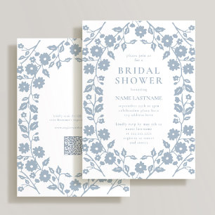 Invitation Dusty Blue QR Code Blanc Folk Floral Fête des mari