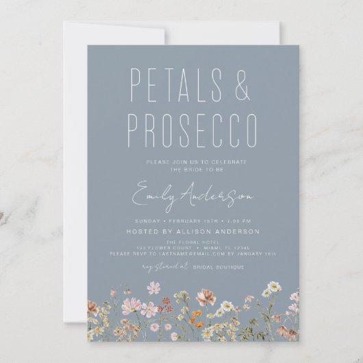 Invitation Dusty Blue QR Code Fleur sauvage Petals & Prosecco (Devant)