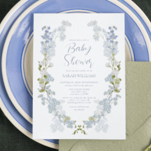 Invitation Dusty Blue QR Code Floral Baby shower d'aquarelle