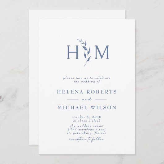 Invitation Dusty Blue QR Code RSVP Mariage de monogramme bota (Devant / Derrière)