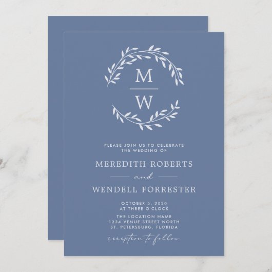 Invitation Dusty Blue QR Code RSVP Monogram Wreath Mariage (Devant / Derrière)