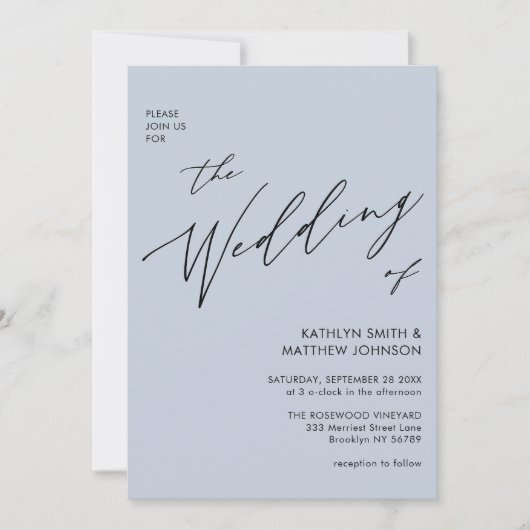 Invitation Dusty Blue QR Code Tout en un mariage élégant (Devant)
