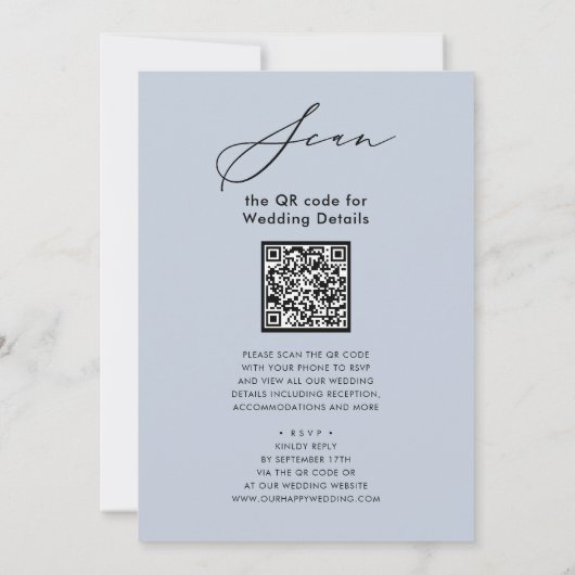 Invitation Dusty Blue QR Code Tout en un mariage élégant (Dos)