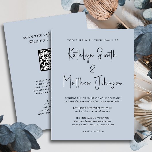 Invitation Dusty Blue QR Code Tout en un Mariage moderne