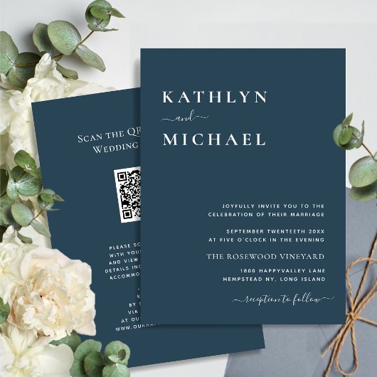 Invitation Dusty Blue QR Code Tout en un Mariage moderne chic