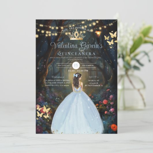 Invitation Dusty Blue Quinceañera 15 Anos Fores Fleurs Or (Debout devant)